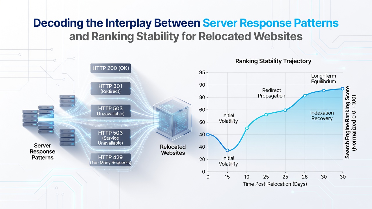 Graph comparing pre- and post-migration server response stability against search ranking positions over a six-month period